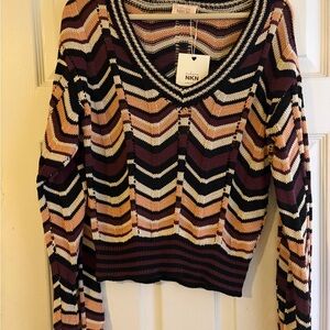 Women's V-Neck Chevron Sweater - Burgundy and Cream